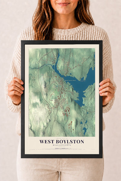 West Boylston, Massachusetts map print - 12 x 18 black Ayous wood frame