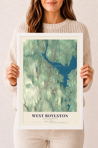 West Boylston, Massachusetts map print - 12 x 18 white Ayous wood frame