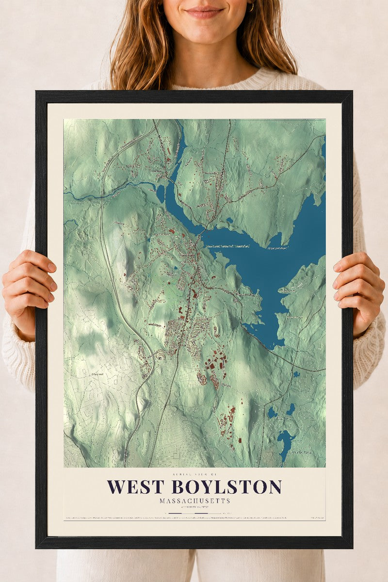 West Boylston, Massachusetts map print - 18 x 24 black Ayous wood frame