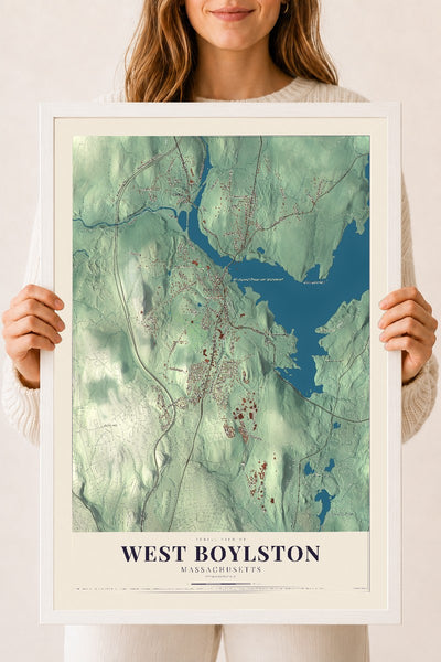 West Boylston, Massachusetts map print - 18 x 24 white Ayous wood frame