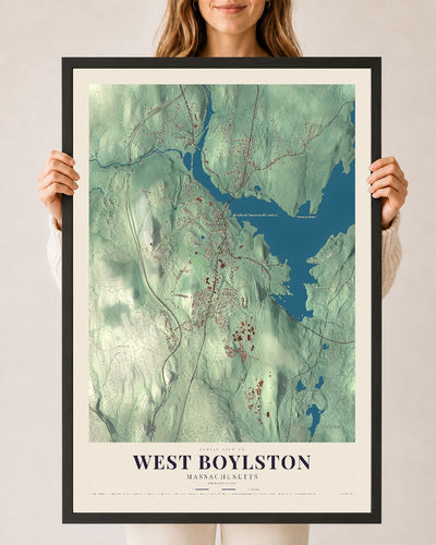 West Boylston, Massachusetts map print - 24 x 36 black Ayous wood frame