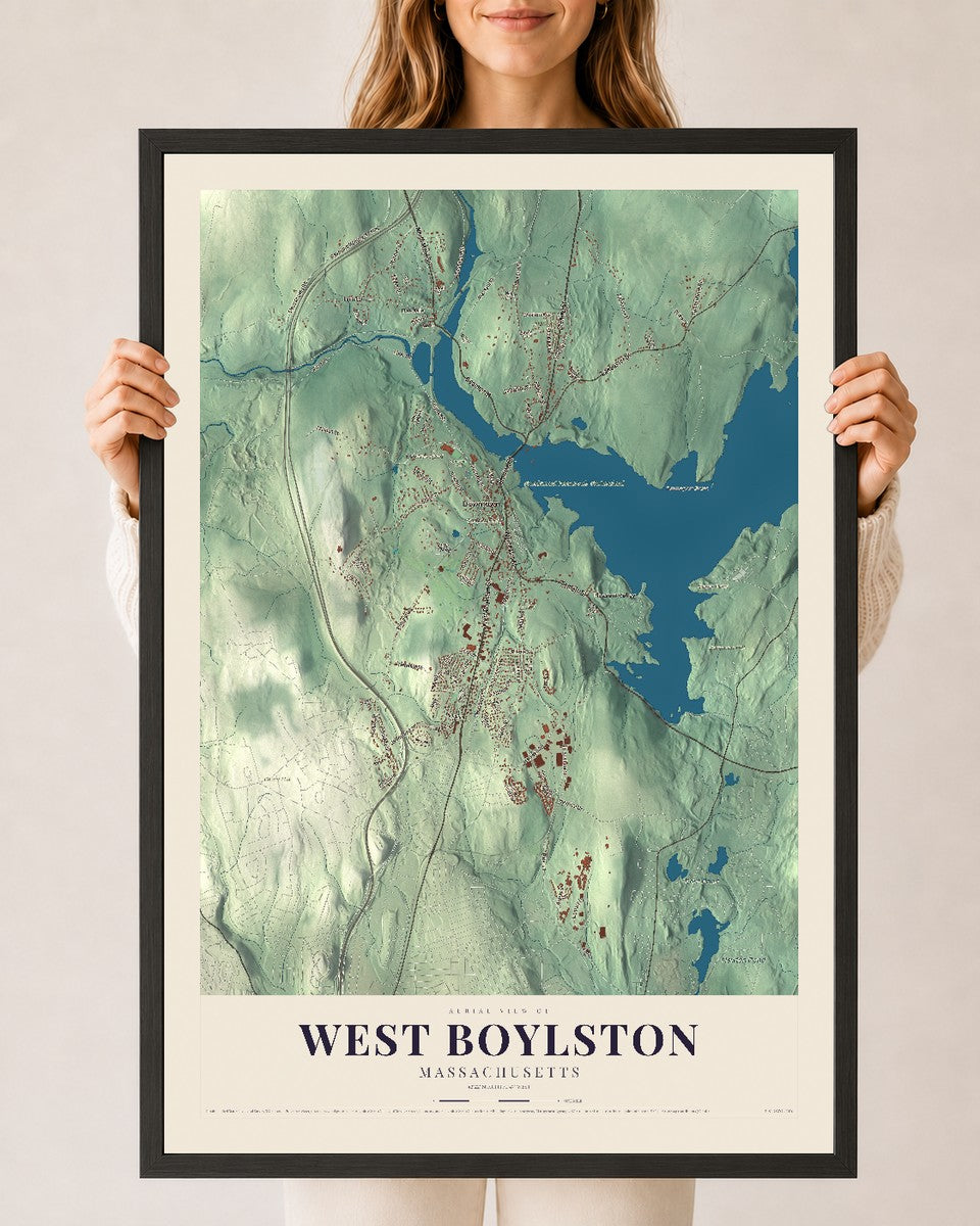 West Boylston, Massachusetts map print - 24 x 36 black Ayous wood frame