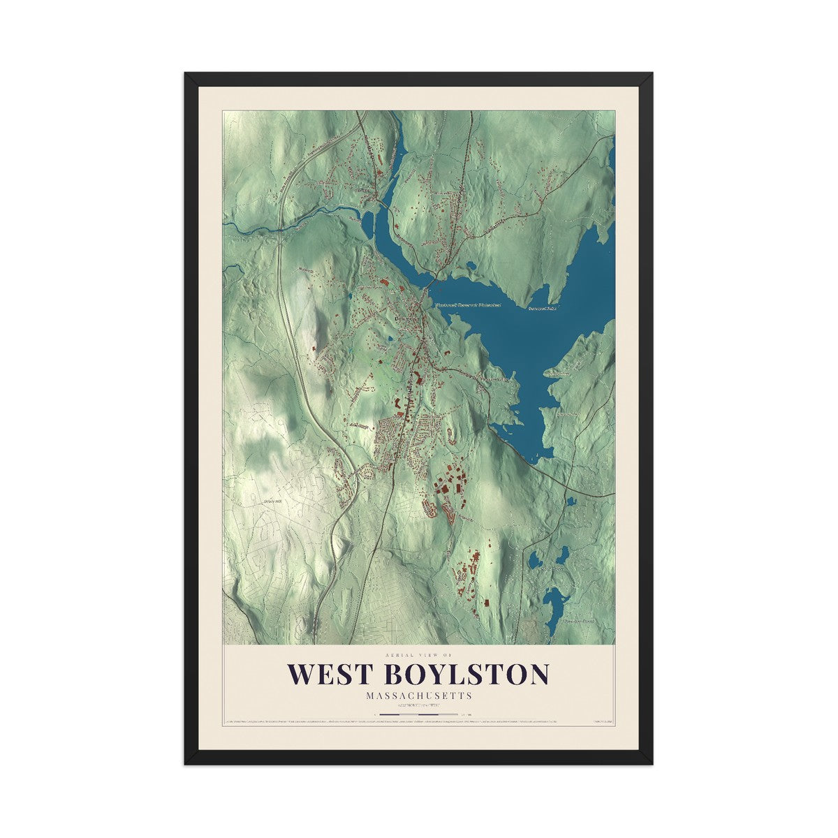 Map of West Boylston, Massachusetts, 12 x 18 inch print in a black wood frame