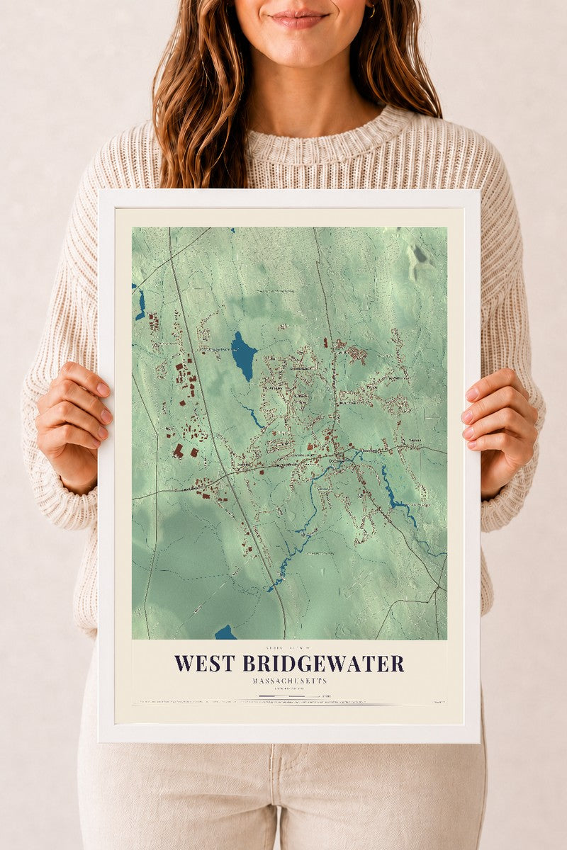 West Bridgewater, Massachusetts map print - 12 x 18 white Ayous wood frame