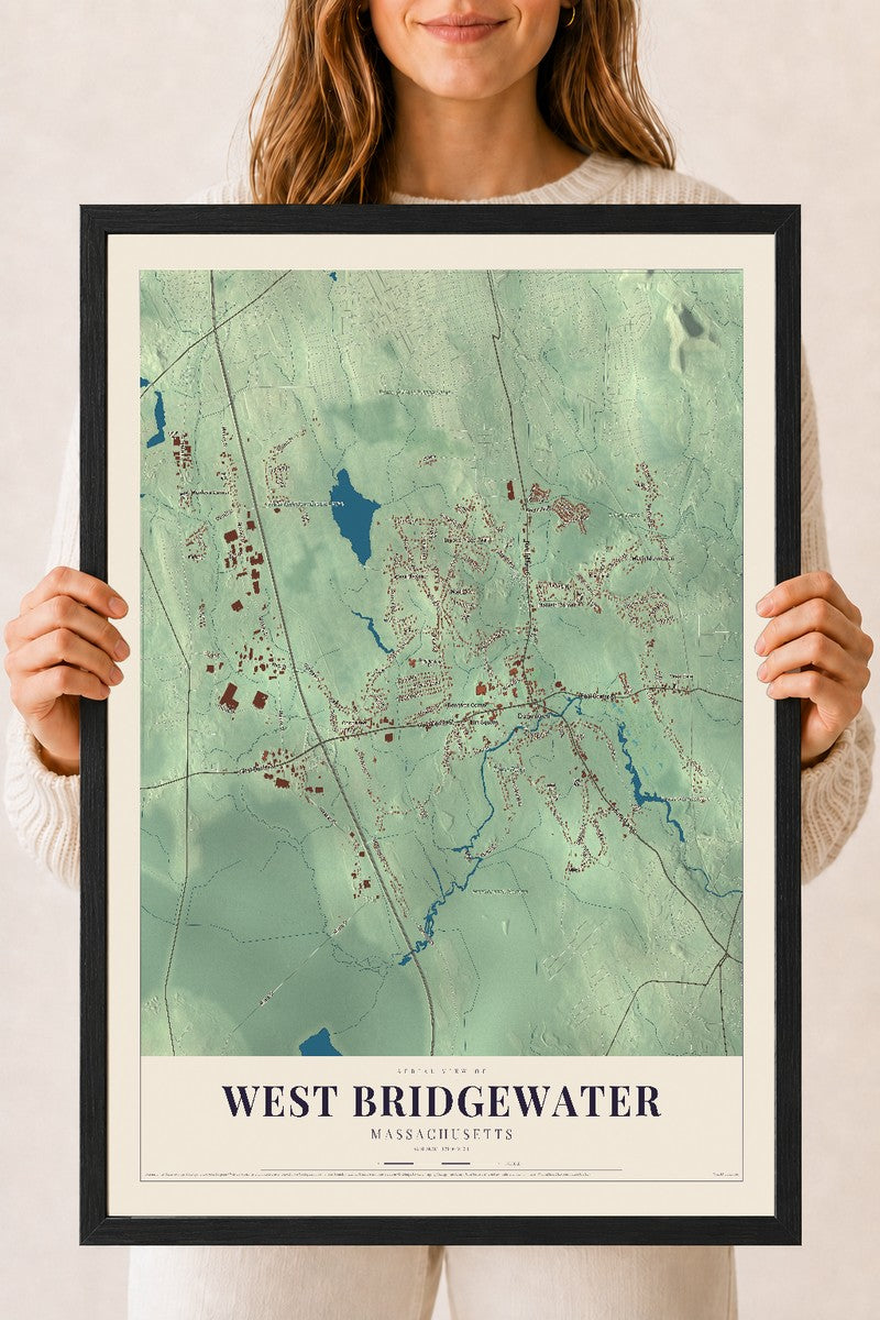 West Bridgewater, Massachusetts map print - 18 x 24 black Ayous wood frame
