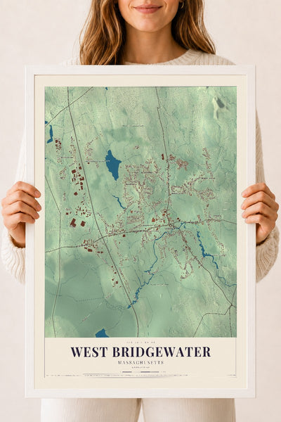 West Bridgewater, Massachusetts map print - 18 x 24 white Ayous wood frame