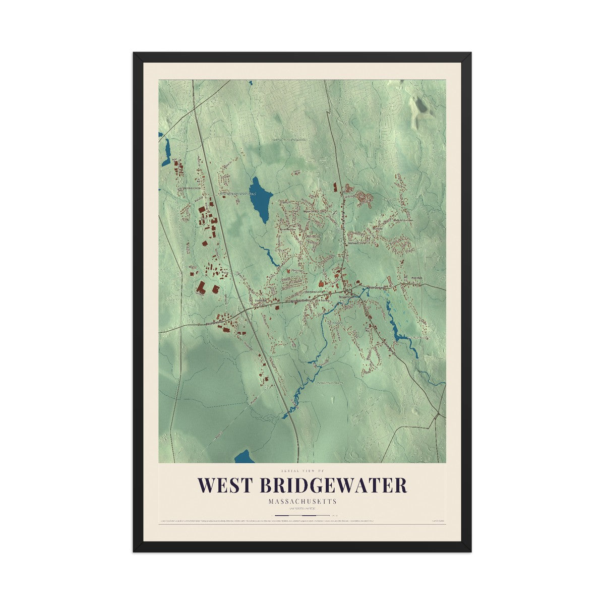 Map of West Bridgewater, Massachusetts, 12 x 18 inch print in a black wood frame