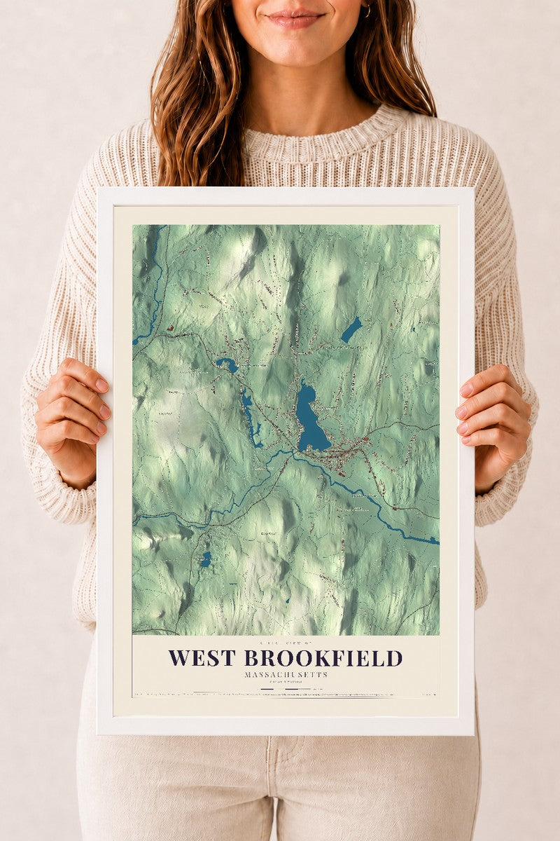 West Brookfield, Massachusetts map print - 12 x 18 white Ayous wood frame