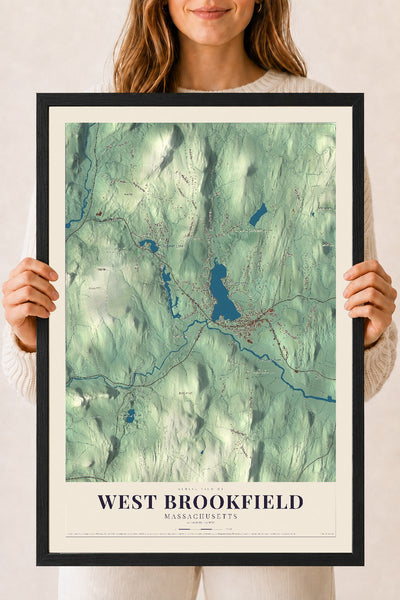 West Brookfield, Massachusetts map print - 18 x 24 black Ayous wood frame