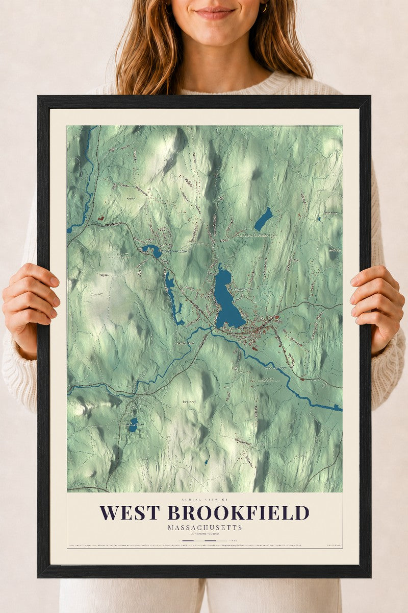 West Brookfield, Massachusetts map print - 18 x 24 black Ayous wood frame