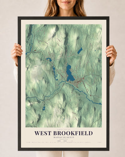 West Brookfield, Massachusetts map print - 24 x 36 black Ayous wood frame