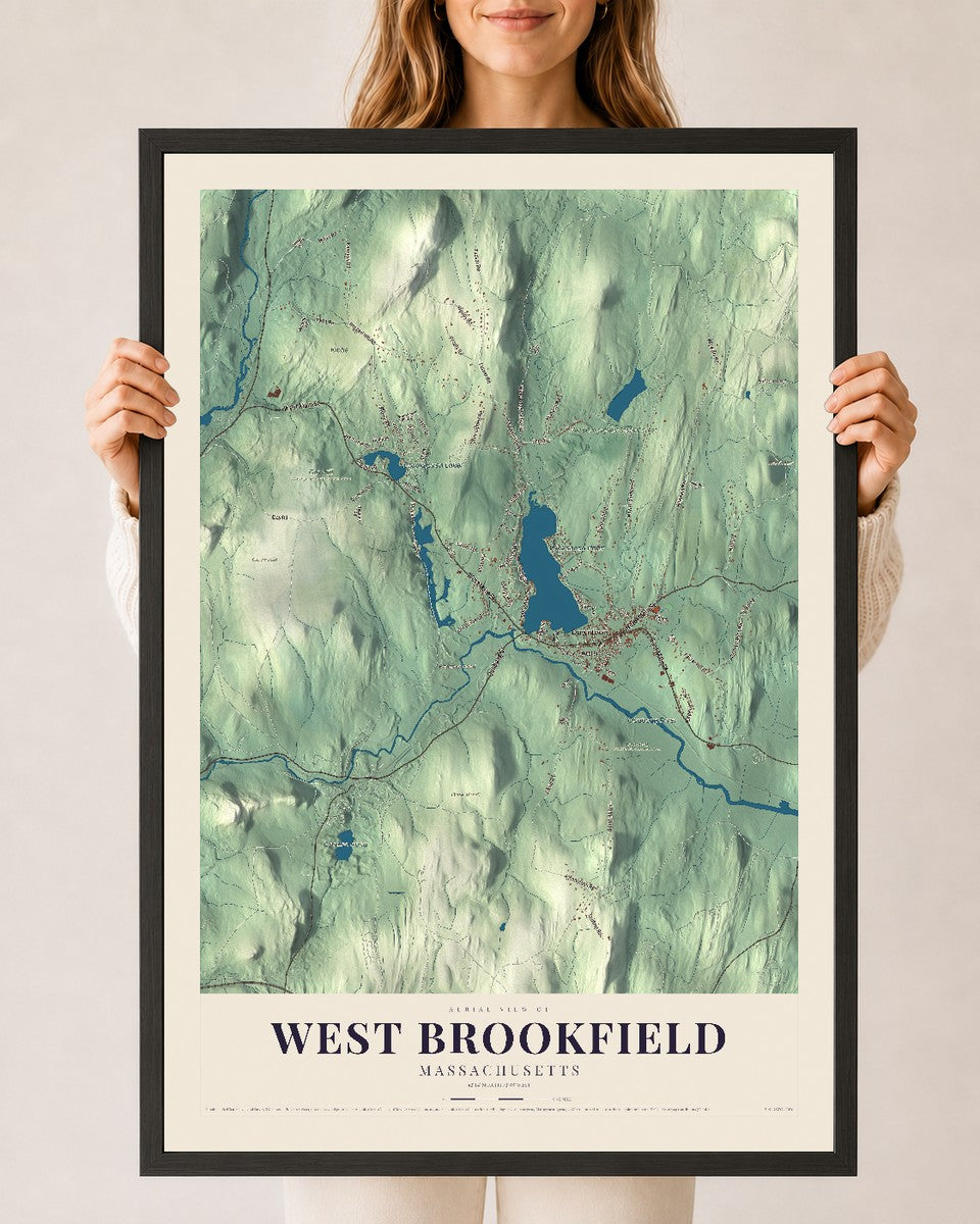 West Brookfield, Massachusetts map print - 24 x 36 black Ayous wood frame