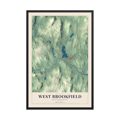 Map of West Brookfield, Massachusetts, 12 x 18 inch print in a black wood frame