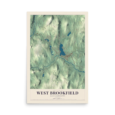 Map of West Brookfield, Massachusetts, 12 x 18 inch unframed archival matte print
