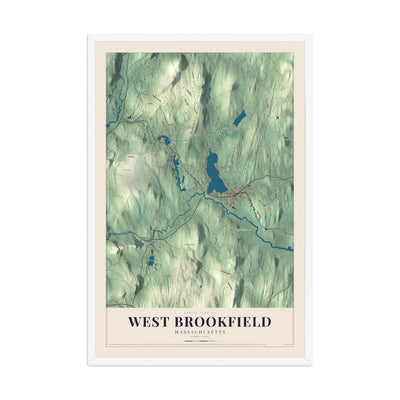 Map of West Brookfield, Massachusetts, 12 x 18 inch print in a white wood frame
