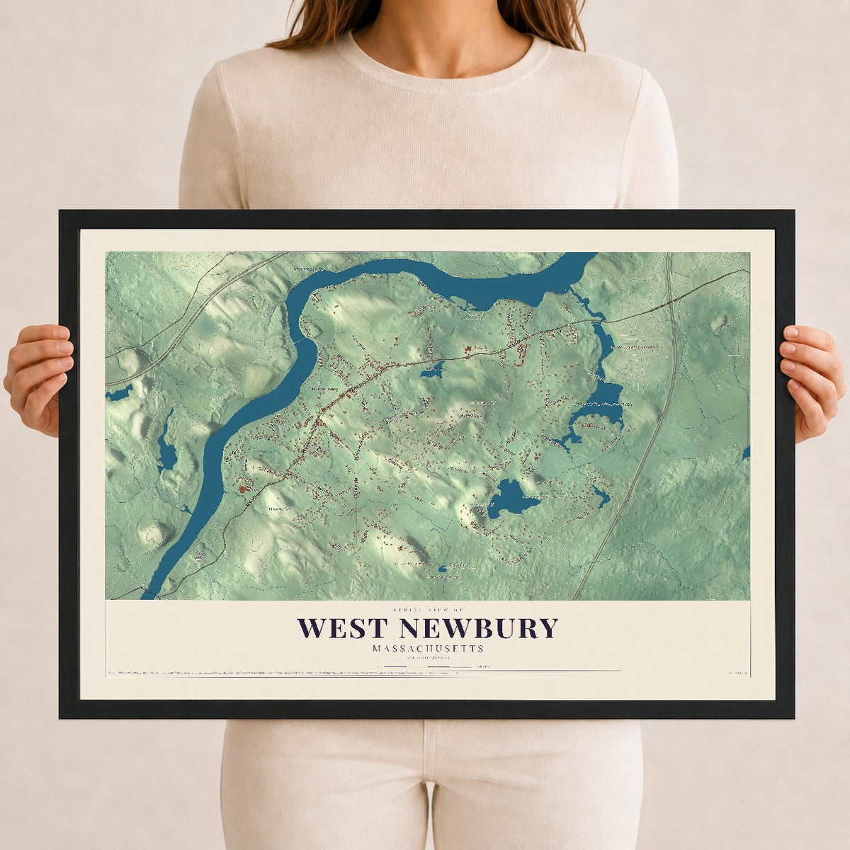 West Newbury, Massachusetts map print - 12 x 18 black Ayous wood frame