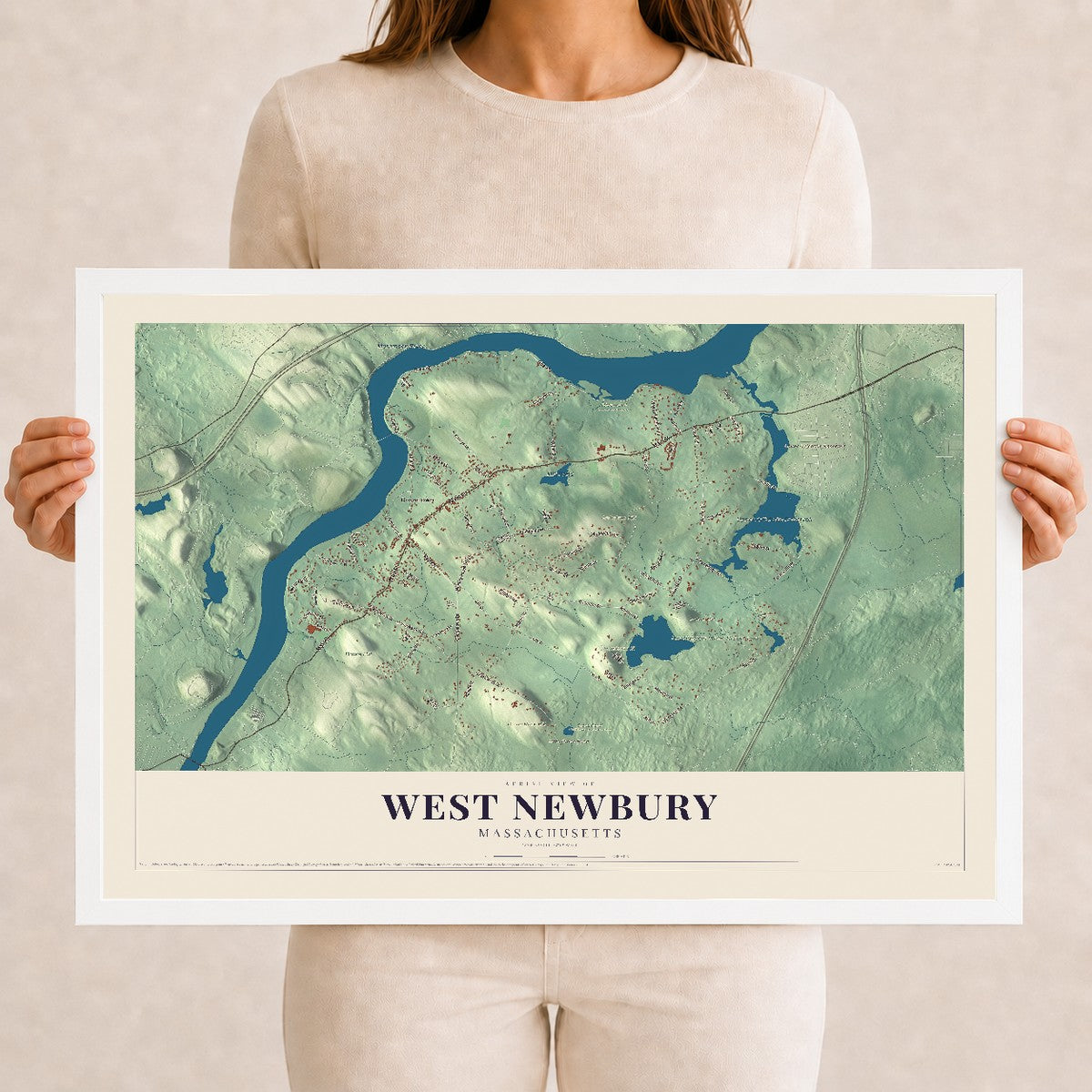 West Newbury, Massachusetts map print - 12 x 18 white Ayous wood frame