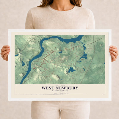 West Newbury, Massachusetts map print - 12 x 18 white Ayous wood frame