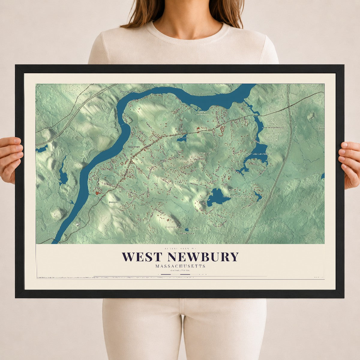 West Newbury, Massachusetts map print - 18 x 24 black Ayous wood frame