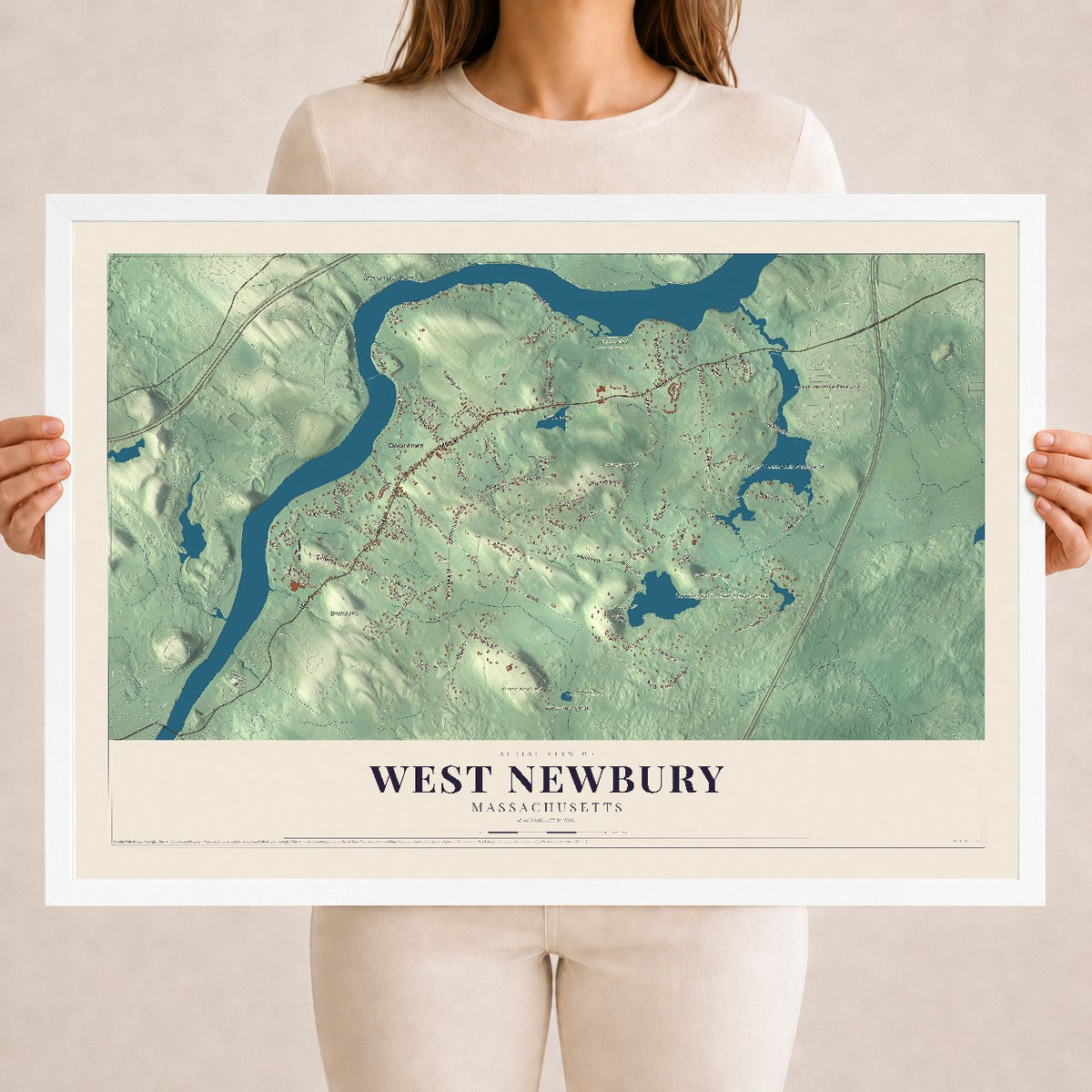 West Newbury, Massachusetts map print - 18 x 24 white Ayous wood frame