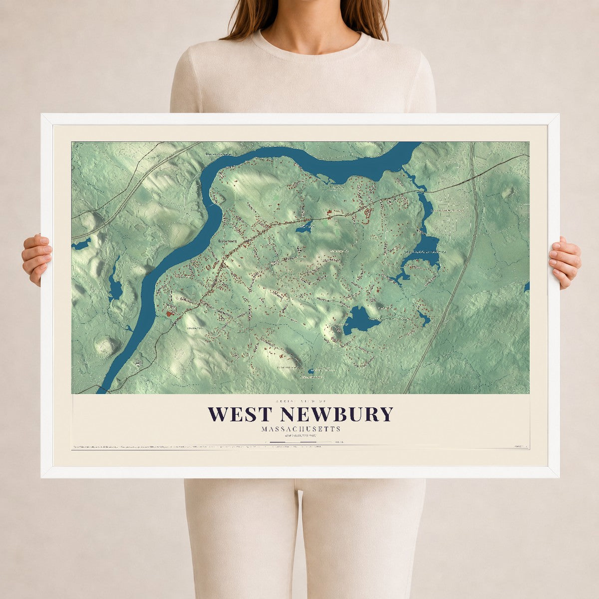 West Newbury, Massachusetts map print - 24 x 36 white Ayous wood frame