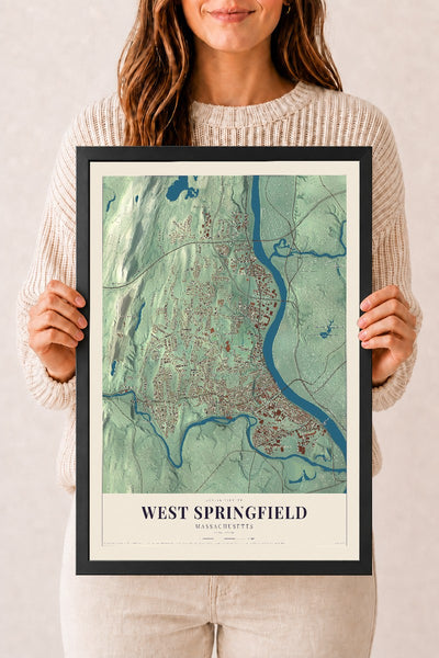West Springfield, Massachusetts map print - 12 x 18 black Ayous wood frame