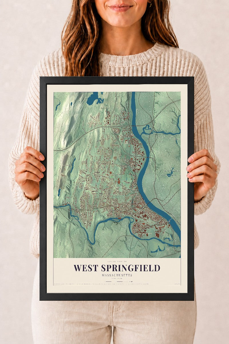 West Springfield, Massachusetts map print - 12 x 18 black Ayous wood frame