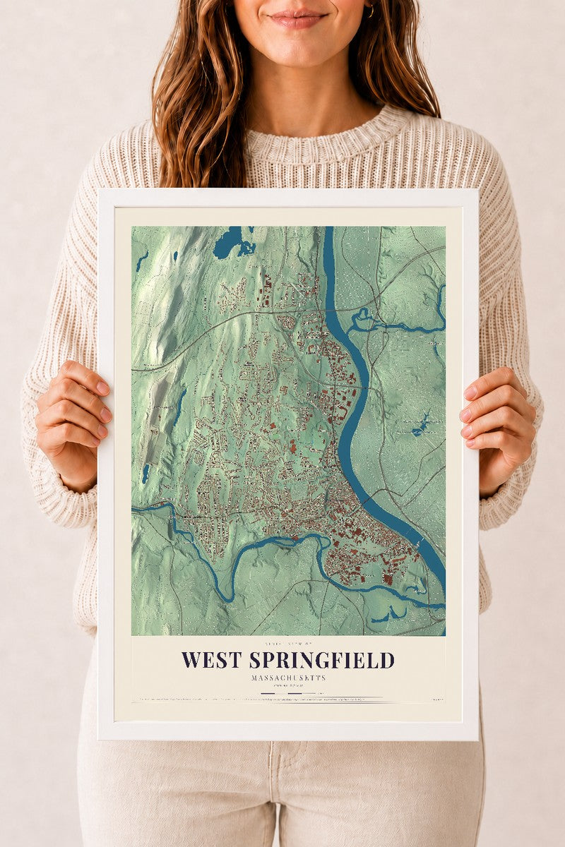 West Springfield, Massachusetts map print - 12 x 18 white Ayous wood frame