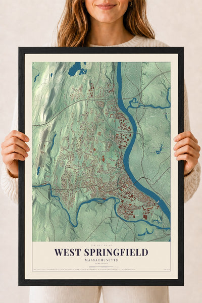 West Springfield, Massachusetts map print - 18 x 24 black Ayous wood frame