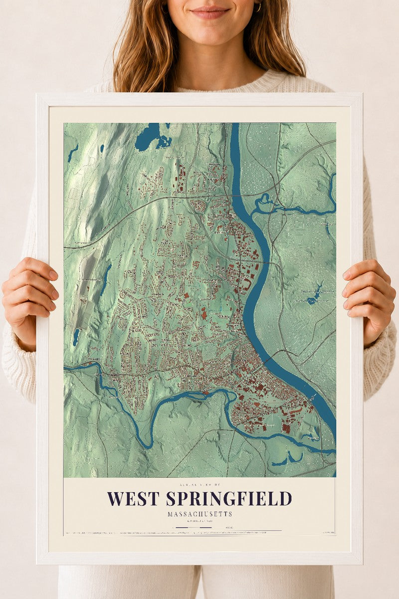 West Springfield, Massachusetts map print - 18 x 24 white Ayous wood frame
