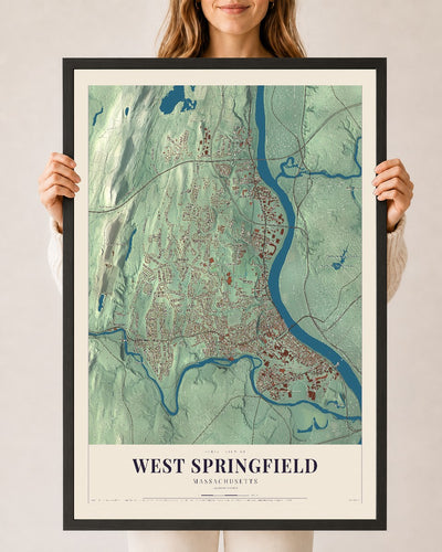 West Springfield, Massachusetts map print - 24 x 36 black Ayous wood frame