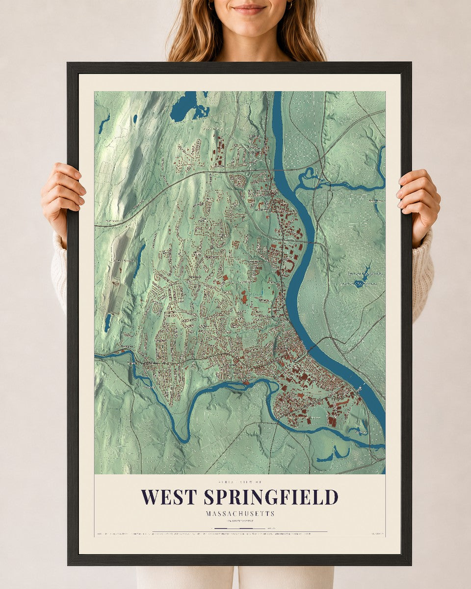 West Springfield, Massachusetts map print - 24 x 36 black Ayous wood frame