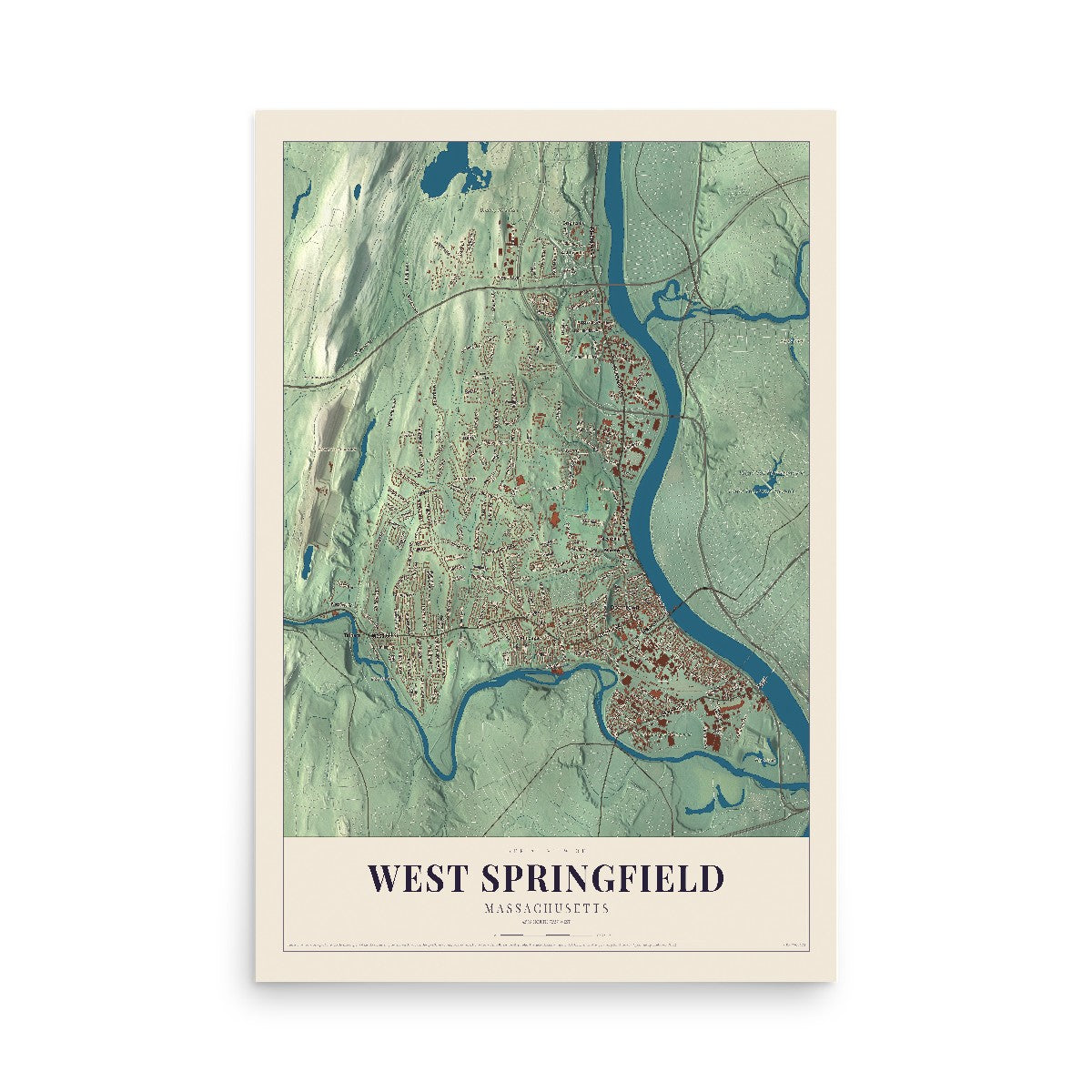 Map of West Springfield, Massachusetts, 12 x 18 inch unframed archival matte print