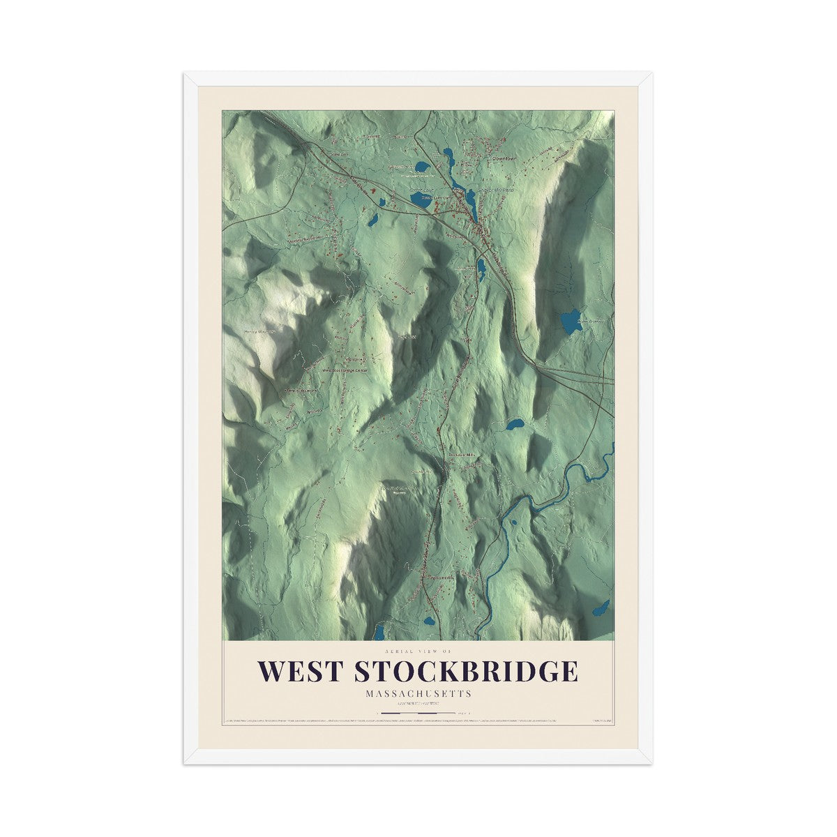 Map of West Stockbridge, Massachusetts, 12 x 18 inch print in a white wood frame