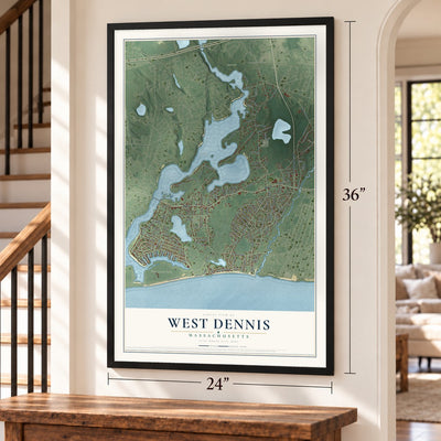 West Dennis, Massachusetts map, 24 x 36 inch print in a black frame by a staircase