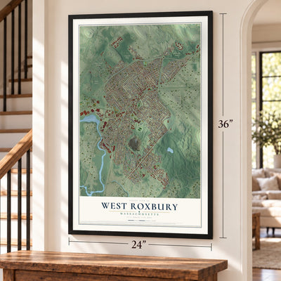 West Roxbury, Massachusetts map, 24 x 36 inch print in a black frame by a staircase