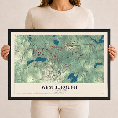 Westborough, Massachusetts map print - 12 x 18 black Ayous wood frame