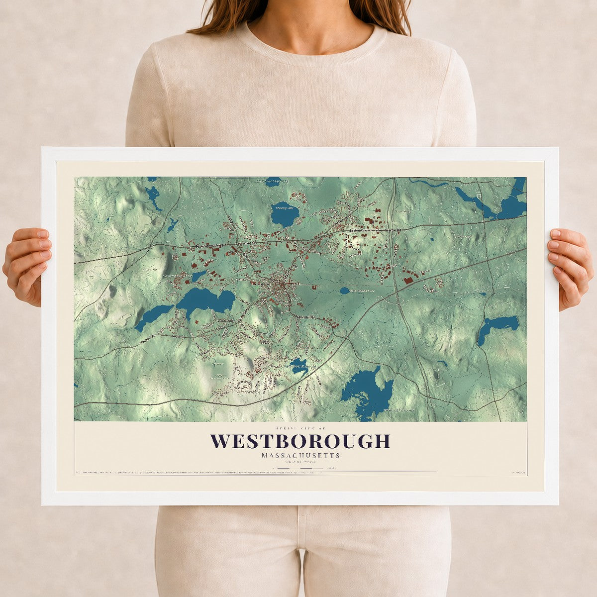 Westborough, Massachusetts map print - 12 x 18 white Ayous wood frame