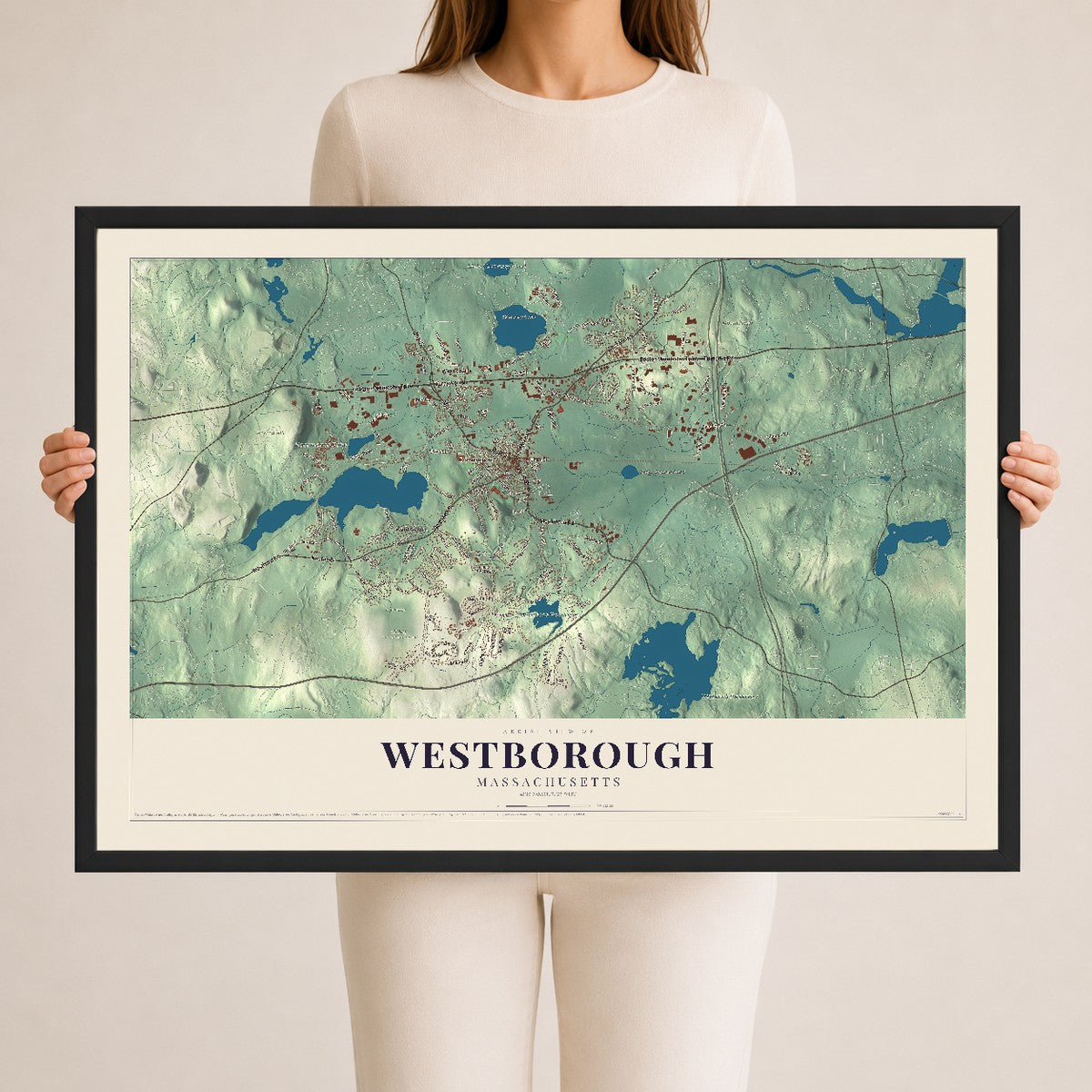 Westborough, Massachusetts map print - 24 x 36 black Ayous wood frame