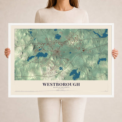 Westborough, Massachusetts map print - 24 x 36 white Ayous wood frame