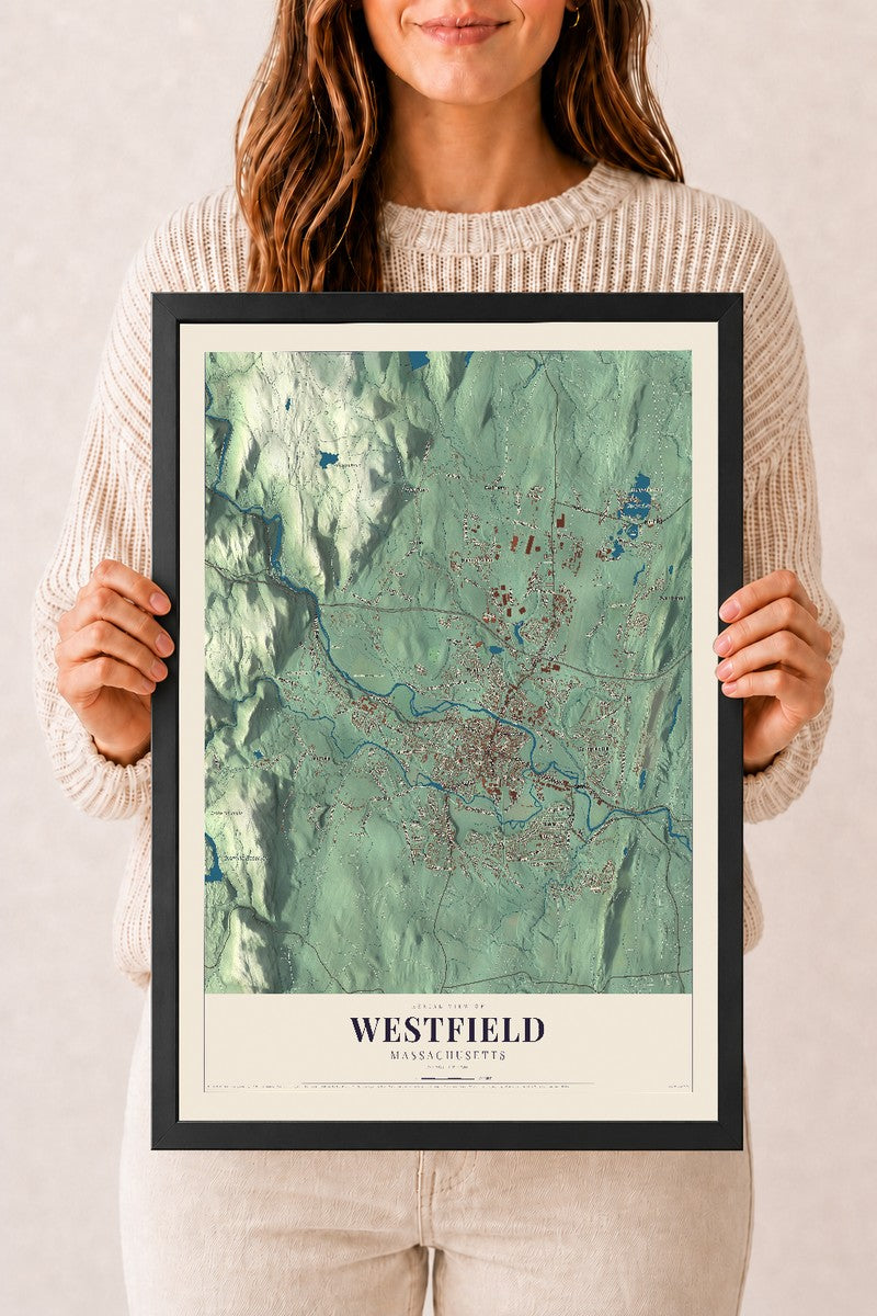 Westfield, Massachusetts map print - 12 x 18 black Ayous wood frame