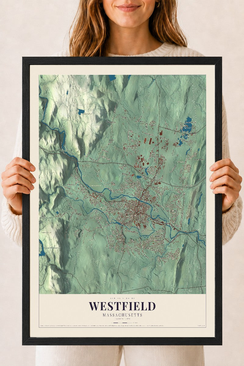 Westfield, Massachusetts map print - 18 x 24 black Ayous wood frame