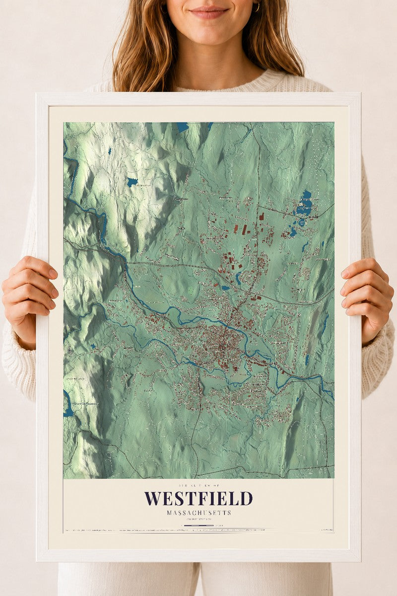 Westfield, Massachusetts map print - 18 x 24 white Ayous wood frame