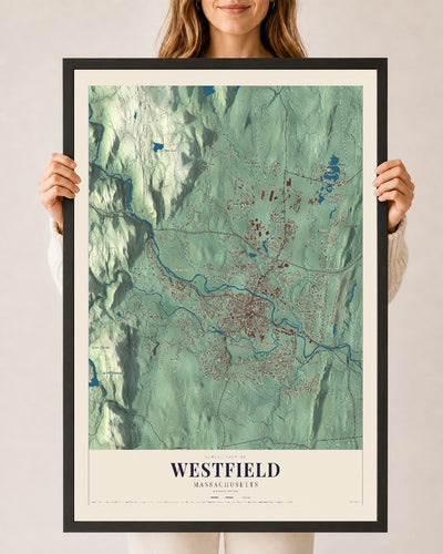 Westfield, Massachusetts map print - 24 x 36 black Ayous wood frame