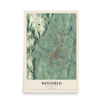 Map of Westfield, Massachusetts, 12 x 18 inch unframed archival matte print