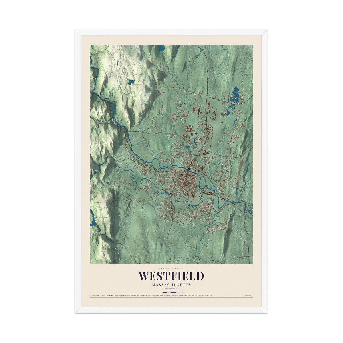Map of Westfield, Massachusetts, 12 x 18 inch print in a white wood frame