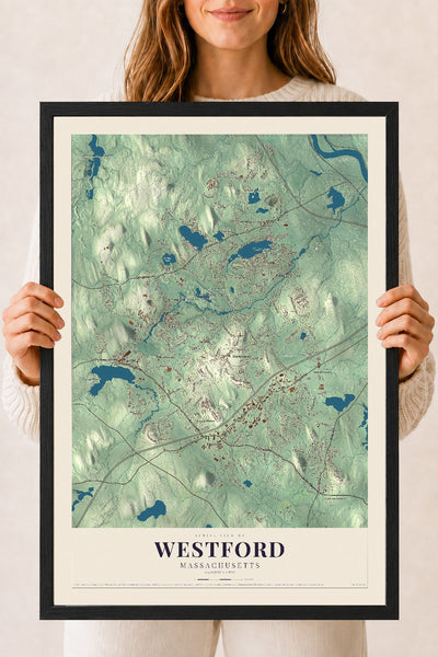 Westford, Massachusetts map print - 18 x 24 black Ayous wood frame