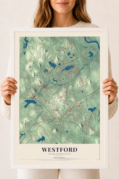 Westford, Massachusetts map print - 18 x 24 white Ayous wood frame