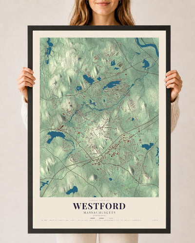 Westford, Massachusetts map print - 24 x 36 black Ayous wood frame