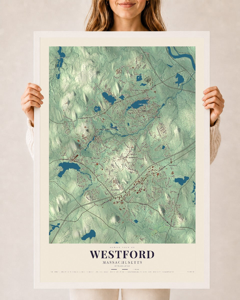 Westford, Massachusetts map print - 24 x 36 white Ayous wood frame